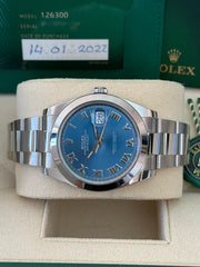 Pre-owned Rolex Datejust 126300 Azurro Dial Smooth Bezel Oyster Strap 2022 Full Set