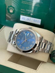 Pre-owned Rolex Datejust 126300 Azurro Dial Smooth Bezel Oyster Strap 2022 Full Set