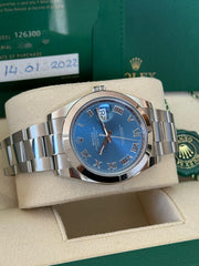 Pre-owned Rolex Datejust 126300 Azurro Dial Smooth Bezel Oyster Strap 2022 Full Set
