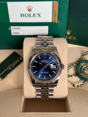 Pre-owned Rolex Datejust 36mm 116234 Blue Dial Jubile Strap Fluted Bezel Box and Papers