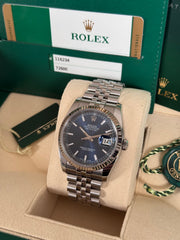 Pre-owned Rolex Datejust 36mm 116234 Blue Dial Jubile Strap Fluted Bezel Box and Papers
