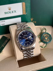 Pre-owned Rolex Datejust 36mm 116234 Blue Dial Jubile Strap Fluted Bezel Box and Papers