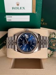 Pre-owned Rolex Datejust 36mm 116234 Blue Dial Jubile Strap Fluted Bezel Box and Papers