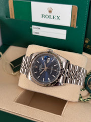 Pre-owned Rolex Datejust 36mm 116234 Blue Dial Jubile Strap Fluted Bezel Box and Papers