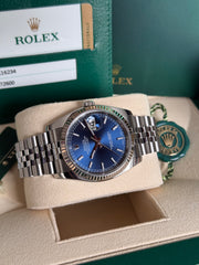 Pre-owned Rolex Datejust 36mm 116234 Blue Dial Jubile Strap Fluted Bezel Box and Papers